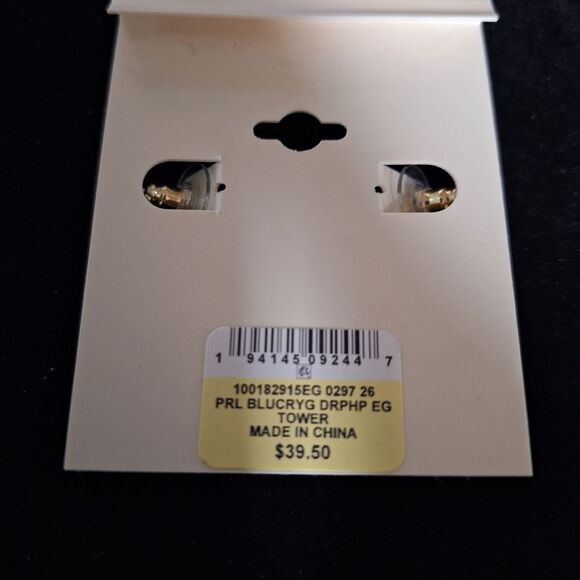 ๐On 34th Gold-Tone Pave Blue Ring & Imitation Pearl Charm C-Hoop Earrings - Picture 5 of 6